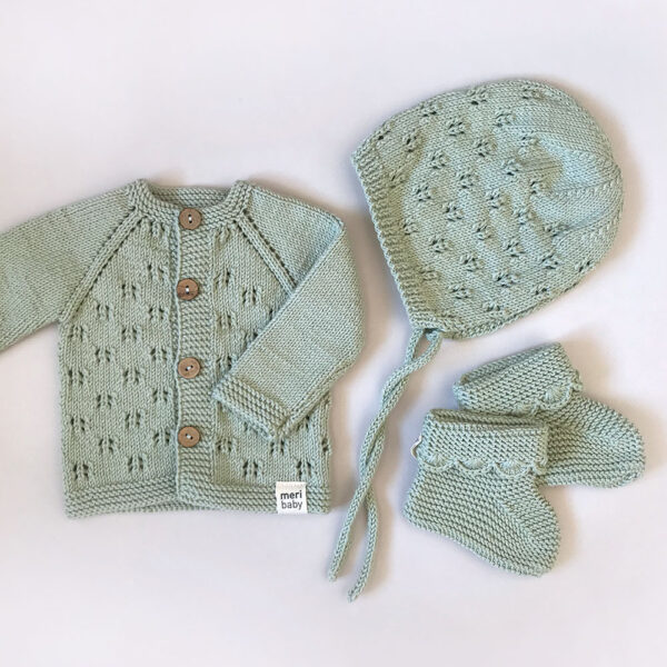 Organic Cotton Knitted Mint Baby Cardigan Bonnet Socks set